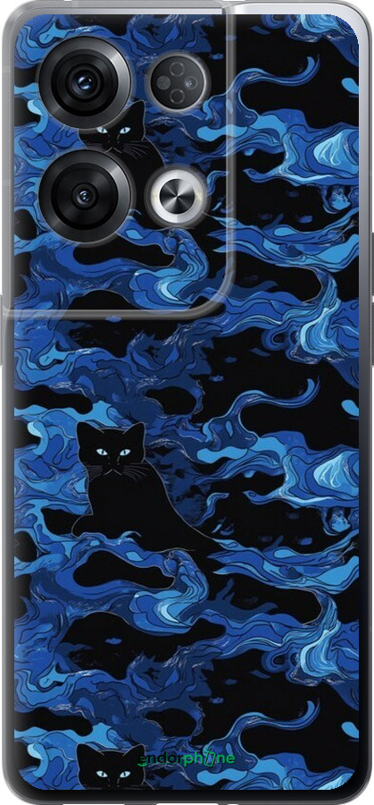 Силиконовый чехол Абстрактный узор черных котов на синем фоне для Oppo Reno8 Pro 5G - 6525u-2615 изображение 