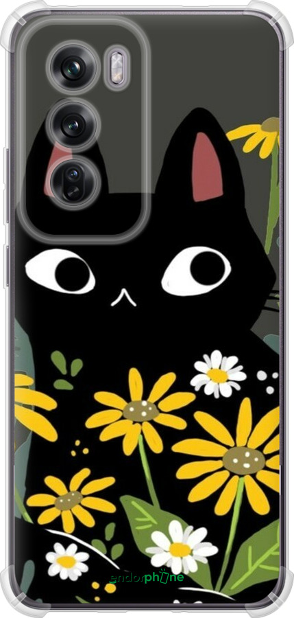 Силикон с усиленными углами чехол Черный кот с цветами для Oppo Reno12 Pro 5G - 6448sp-3740 изображение 