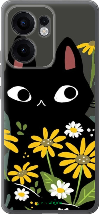 Силіконовий чехол Чорний кіт з квітами для Oppo Reno13 F 5G / Reno13 F 4G - 6448u-3955 изображение 