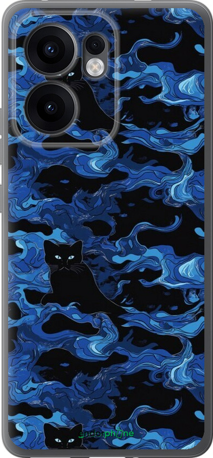 Силиконовый чехол Абстрактный узор черных котов на синем фоне для Oppo Reno13 F 5G / Reno13 F 4G - 6525u-3955 изображение 