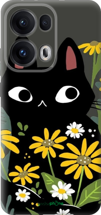 Силиконовый чехол Черный кот с цветами для Oppo Reno13 Pro - 6448u-3943 изображение 
