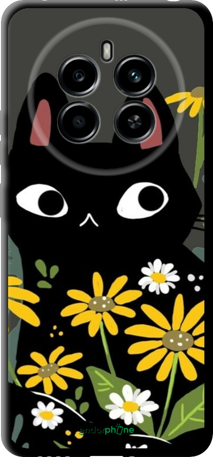 TPU чехол Черный кот с цветами для Realme 12 4G - 6448b-3785 изображение 