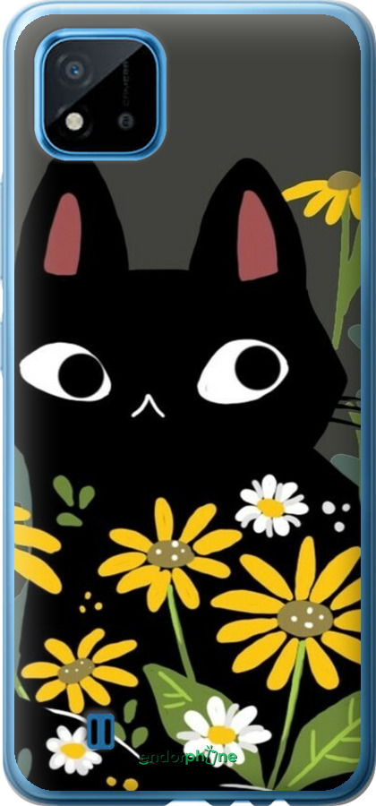 2D пластиковий чехол Чорний кіт з квітами для Realme C11 2021 - 6448t-2485 изображение 
