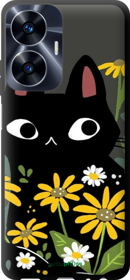 TPU чехол Чорний кіт з квітами для Realme C55 - 6448b-2992 изображение 