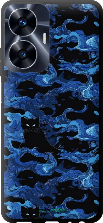 TPU чехол Абстрактный узор черных котов на синем фоне для Realme C55 - 6525b-2992 изображение 