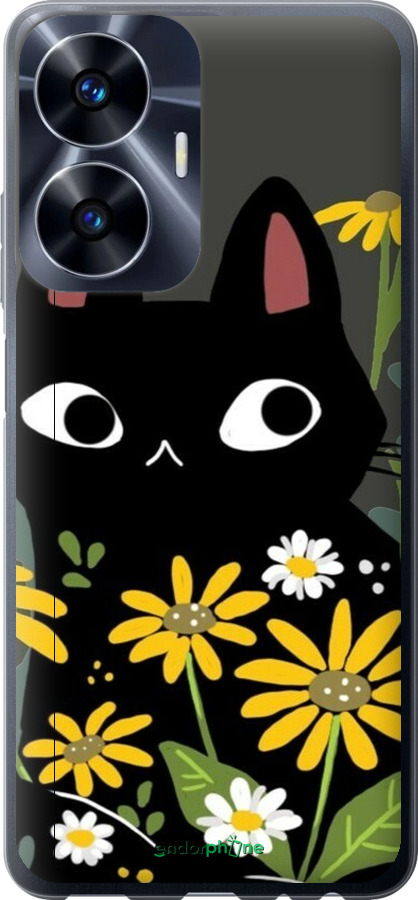 Силіконовий чехол Чорний кіт з квітами для Realme C55 - 6448u-2992 изображение 