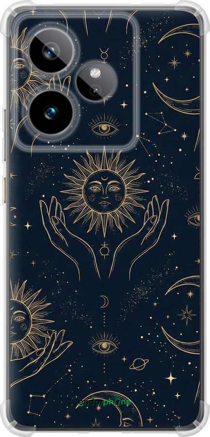 Силикон с усиленными углами чехол Celestial Harmony: Sun & Moon Gold Mystic Pattern для Realme GT7 - 6778sp-4027 изображение 