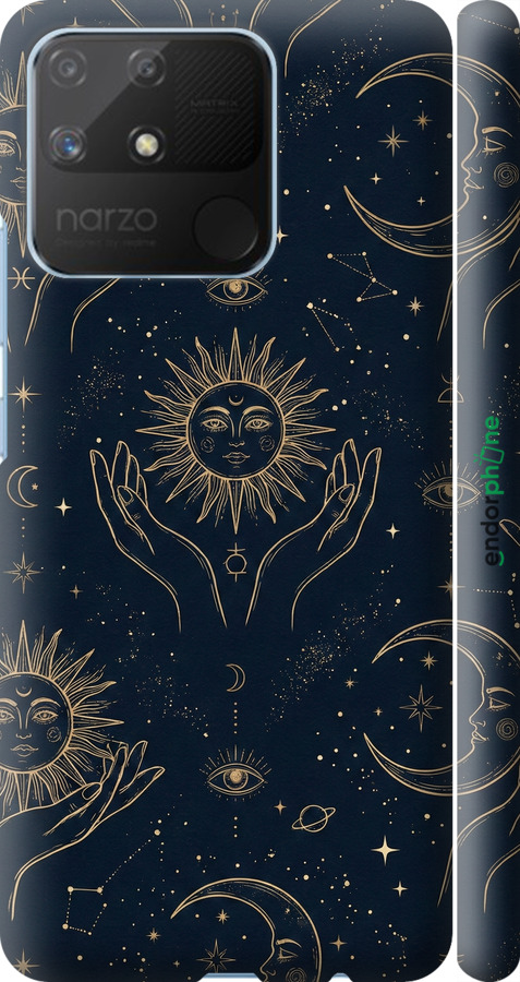 3D пластиковый матовый чехол Celestial Harmony: Sun & Moon Gold Mystic Pattern для Realme Narzo 50A - 6778m-2514 изображение 