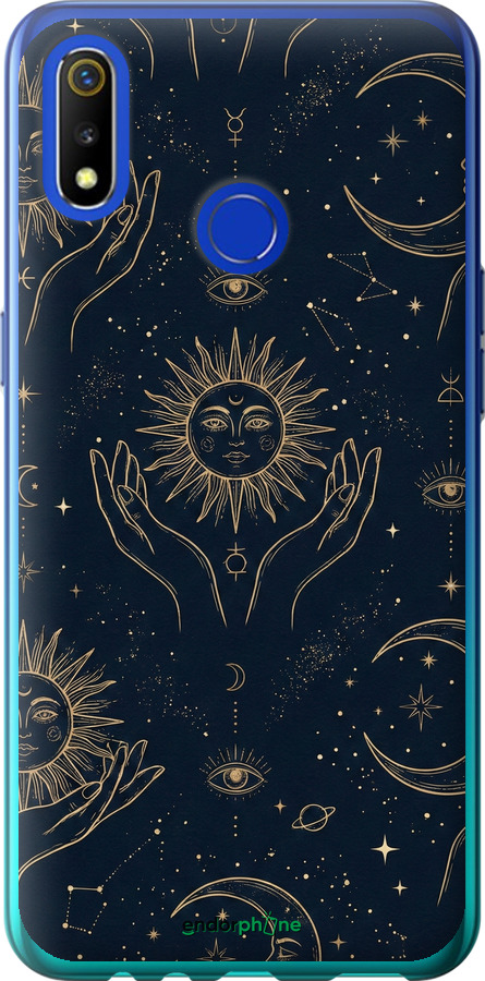 Силиконовый чехол Celestial Harmony: Sun & Moon Gold Mystic Pattern для Realme 3 - 6778u-1869 изображение 