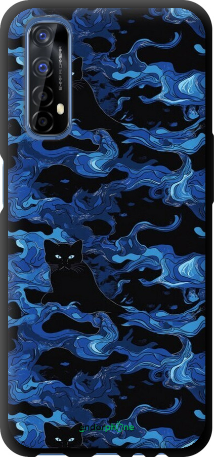 TPU чехол Абстрактный узор черных котов на синем фоне для Realme 7 - 6525b-2081 изображение 