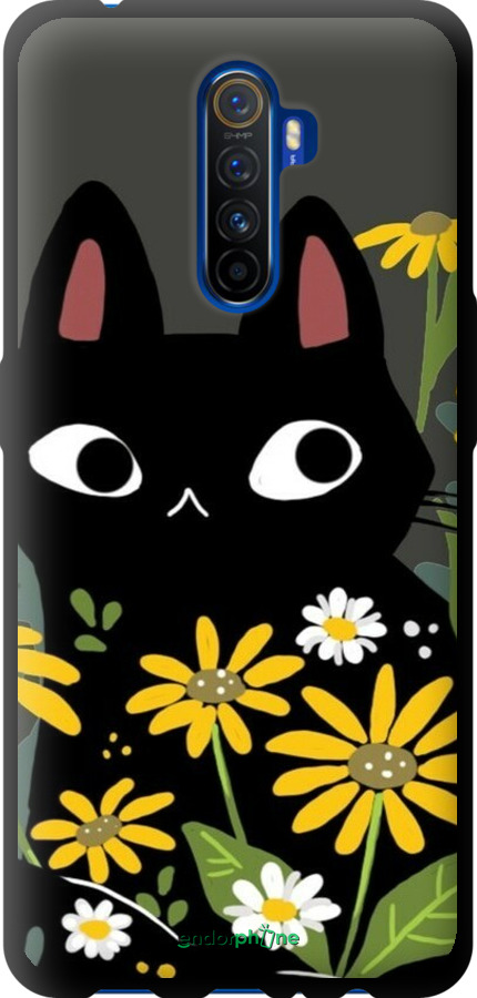 TPU чехол Чорний кіт з квітами для Realme X2 Pro - 6448b-1866 изображение 