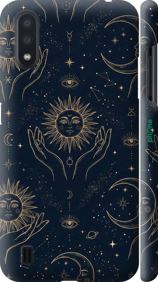 3D пластиковый матовый чехол Celestial Harmony: Sun & Moon Gold Mystic Pattern для Samsung Galaxy A01 A015F - 6778m-1842 изображение 
