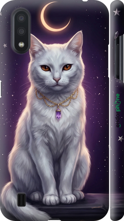 3D пластиковый матовый чехол Mystic White Cat Gothic Dark Purple Gold для Samsung Galaxy A01 A015F - 6805m-1842 изображение 