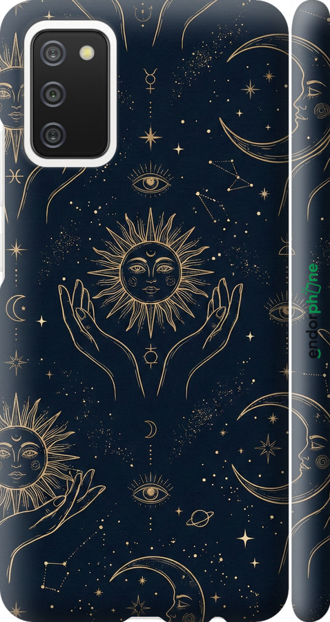 3D пластиковый матовый чехол Celestial Harmony: Sun & Moon Gold Mystic Pattern для Samsung Galaxy A02s A025F - 6778m-2203 изображение 