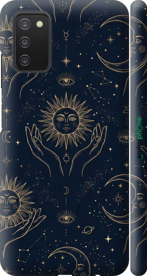 3D пластиковый матовый чехол Celestial Harmony: Sun & Moon Gold Mystic Pattern для Samsung Galaxy A03s A037F - 6778m-2381 изображение 