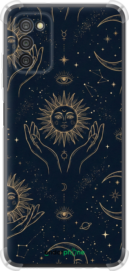 Силикон с усиленными углами чехол Celestial Harmony: Sun & Moon Gold Mystic Pattern для Samsung Galaxy A03s A037F - 6778sp-2381 изображение 