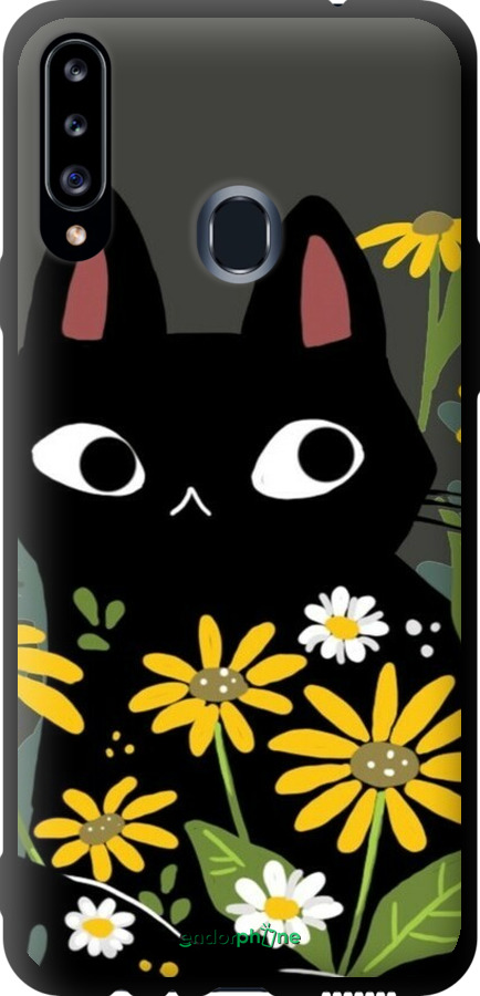 TPU чехол Черный кот с цветами для Samsung Galaxy A20s A207F - 6448b-1775 изображение 