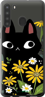 Силиконовый чехол Черный кот с цветами для Samsung Galaxy A21 - 6448u-1841 изображение 