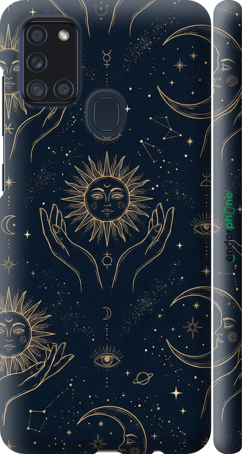 3D пластиковый матовый чехол Celestial Harmony: Sun & Moon Gold Mystic Pattern для Samsung Galaxy A21s A217F - 6778m-1943 изображение 