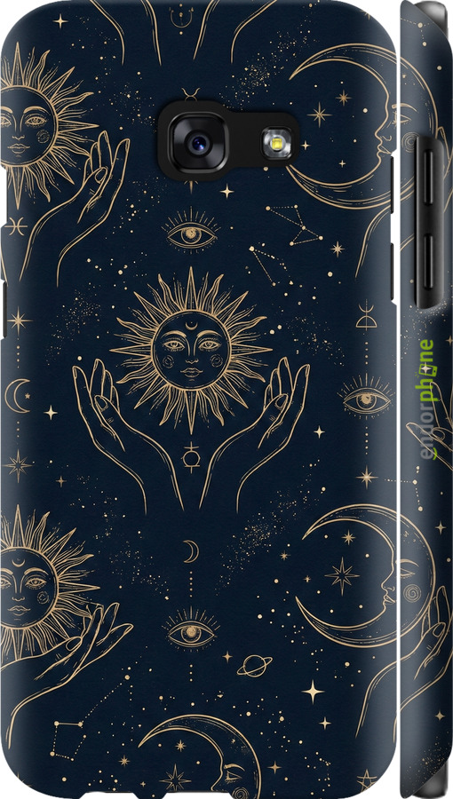 3D пластиковый матовый чехол Celestial Harmony: Sun & Moon Gold Mystic Pattern для Samsung Galaxy A3 (2017) - 6778m-443 изображение 