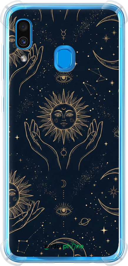 Силикон с усиленными углами чехол Celestial Harmony: Sun & Moon Gold Mystic Pattern для Samsung Galaxy A20 2019 A205F - 6778sp-1761 изображение 