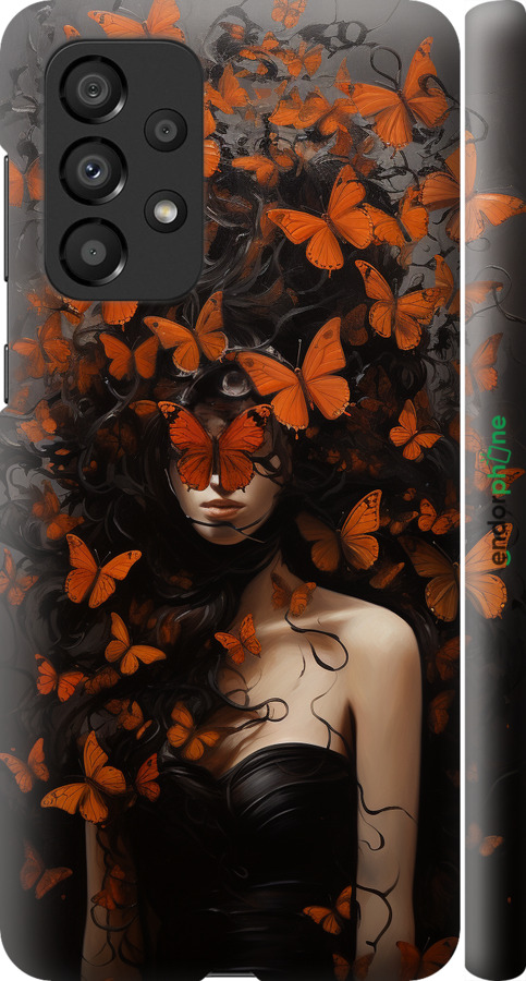 3D пластиковый матовый чехол Девушка с оранжевыми бабочками для Samsung Galaxy A33 5G A336B - 5941m-2584 изображение 