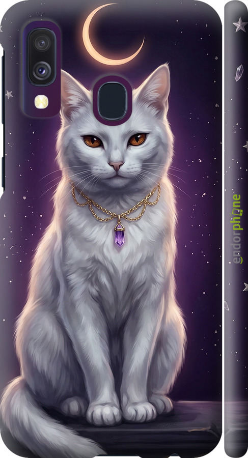 3D пластиковый матовый чехол Mystic White Cat Gothic Dark Purple Gold для Samsung Galaxy A40 2019 A405F - 6805m-1672 изображение 