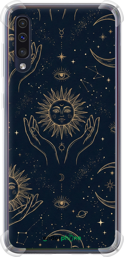 Силикон с усиленными углами чехол Celestial Harmony: Sun & Moon Gold Mystic Pattern для Samsung Galaxy A50 2019 A505F - 6778sp-1668 изображение 