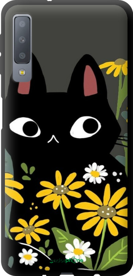 TPU чехол Черный кот с цветами для Samsung Galaxy A7 (2018) A750F - 6448b-1582 изображение 