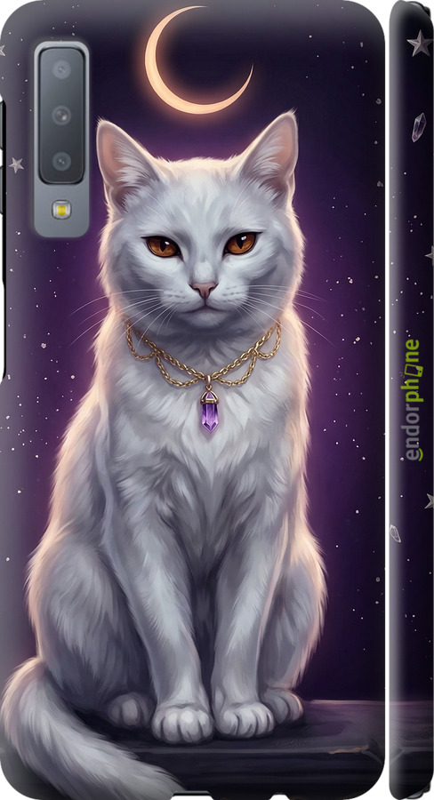 3D пластиковый матовый чехол Mystic White Cat Gothic Dark Purple Gold для Samsung Galaxy A7 (2018) A750F - 6805m-1582 изображение 
