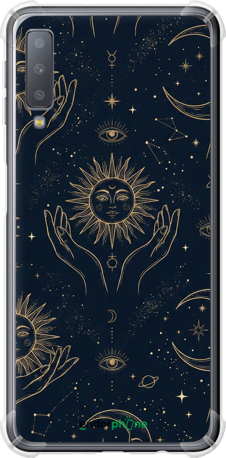 Силикон с усиленными углами чехол Celestial Harmony: Sun & Moon Gold Mystic Pattern для Samsung Galaxy A7 (2018) A750F - 6778sp-1582 изображение 
