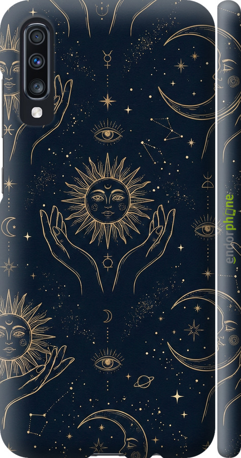 3D пластиковый матовый чехол Celestial Harmony: Sun & Moon Gold Mystic Pattern для Samsung Galaxy A70 2019 A705F - 6778m-1675 изображение 