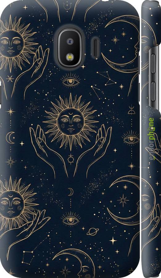 3D пластиковий матовий чехол Celestial Harmony: Sun & Moon Gold Mystic Pattern для Samsung Galaxy J2 2018 - 6778m-1351 изображение 