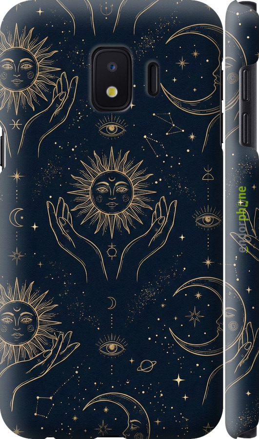 3D пластиковый матовый чехол Celestial Harmony: Sun & Moon Gold Mystic Pattern для Samsung Galaxy J2 Core - 6778m-1565 изображение 