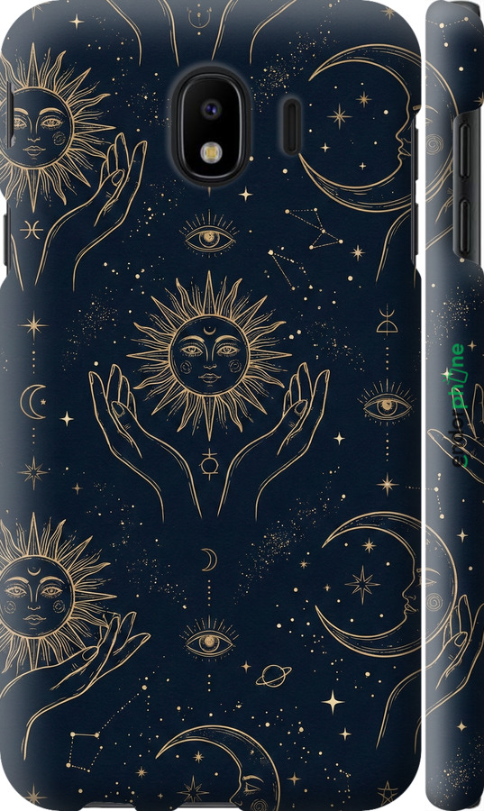 3D пластиковый матовый чехол Celestial Harmony: Sun & Moon Gold Mystic Pattern для Samsung Galaxy J4 2018 - 6778m-1487 изображение 