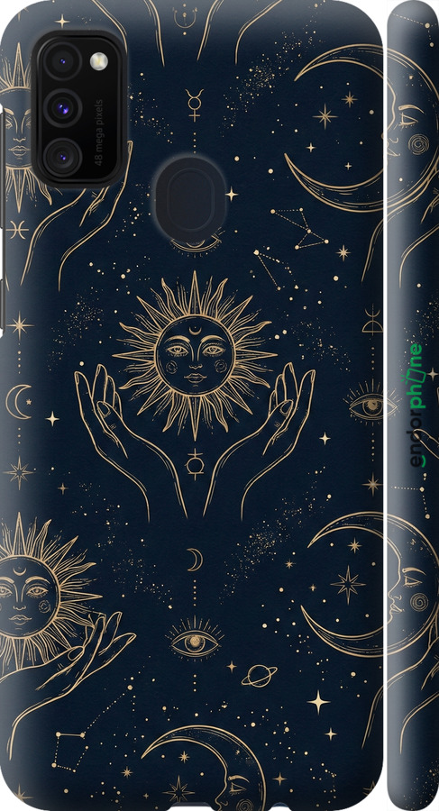 3D пластиковий матовий чехол Celestial Harmony: Sun & Moon Gold Mystic Pattern для Samsung Galaxy M30s 2019 - 6778m-1774 изображение 
