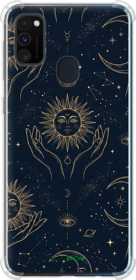 Силикон с усиленными углами чехол Celestial Harmony: Sun & Moon Gold Mystic Pattern для Samsung Galaxy M21 M215F - 6778sp-2016 изображение 