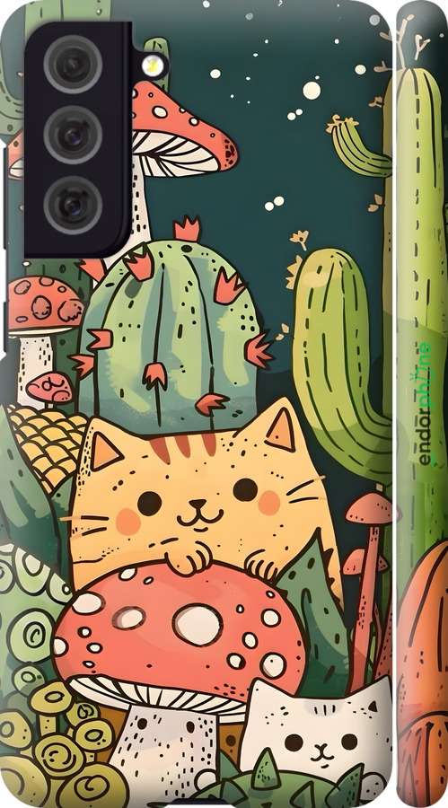 3D пластиковий матовий чехол Коти гриби для Samsung Galaxy S21 FE - 6321m-2302 изображение 