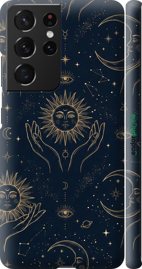 3D пластиковый матовый чехол Celestial Harmony: Sun & Moon Gold Mystic Pattern для Samsung Galaxy S21 Ultra (5G) - 6778m-2116 изображение 