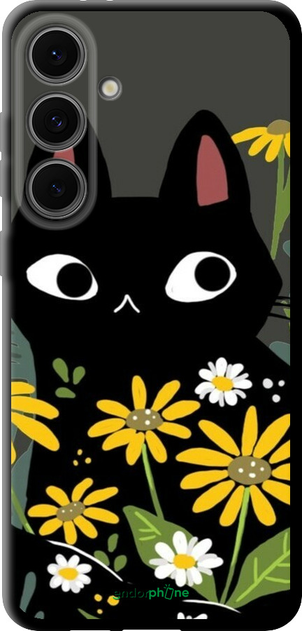 TPU чехол Черный кот с цветами для Samsung Galaxy S24 FE - 6448b-3772 изображение 