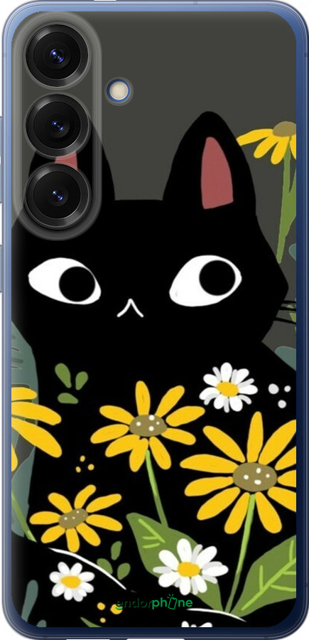 Силиконовый чехол Черный кот с цветами для Samsung Galaxy S25 Plus - 6448u-3826 изображение 