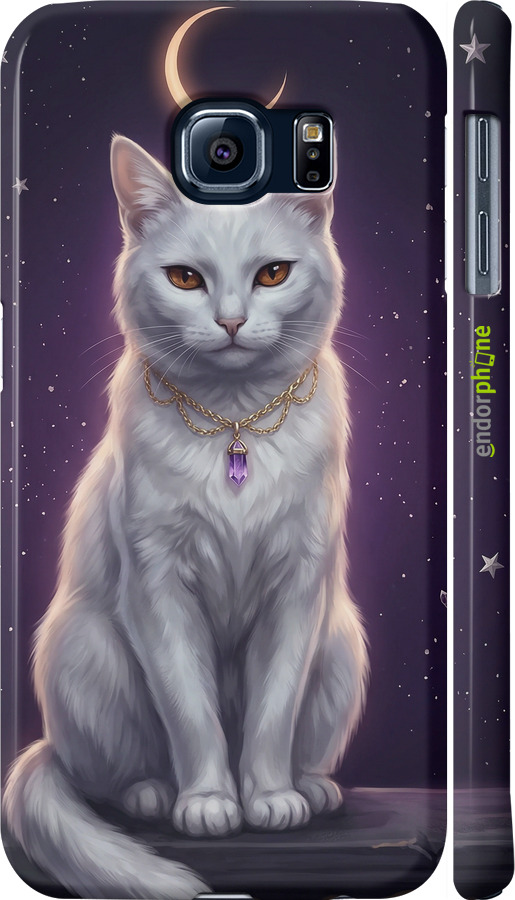 3D пластиковый глянцевый чехол Mystic White Cat Gothic Dark Purple Gold для Samsung Galaxy S6 G920 - 6805c-80 изображение 