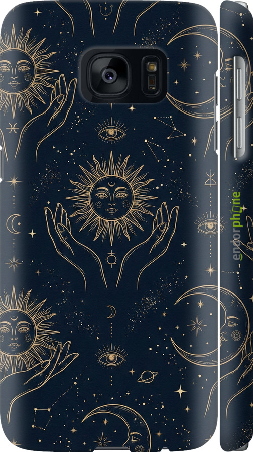3D пластиковый матовый чехол Celestial Harmony: Sun & Moon Gold Mystic Pattern для Samsung Galaxy S7 G930F - 6778m-106 изображение 