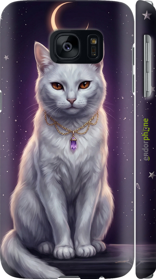 3D пластиковый матовый чехол Mystic White Cat Gothic Dark Purple Gold для Samsung Galaxy S7 G930F - 6805m-106 изображение 
