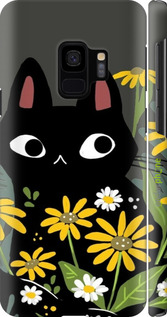3D пластиковый глянцевый чехол Черный кот с цветами для Samsung Galaxy S9 - 6448c-1355 изображение 