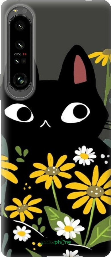 Силиконовый чехол Черный кот с цветами для Sony Xperia 1 IV - 6448u-2787 изображение 