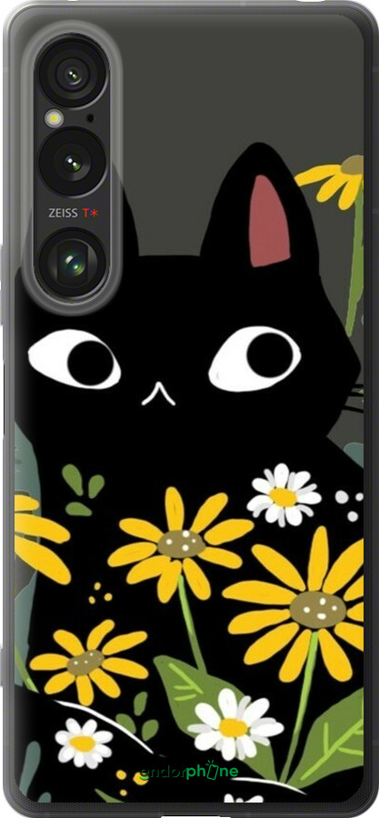 Силиконовый чехол Черный кот с цветами для Sony Xperia 1 VI - 6448u-3975 изображение 
