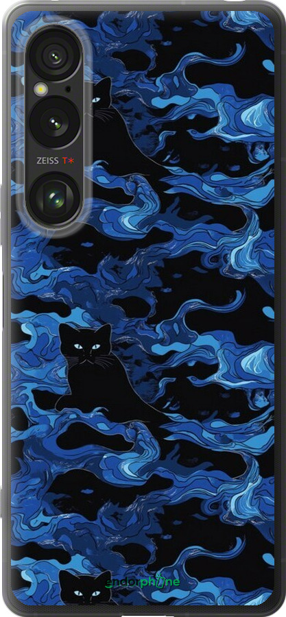 Силиконовый чехол Абстрактный узор черных котов на синем фоне для Sony Xperia 1 VI - 6525u-3975 изображение 
