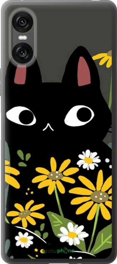 Силиконовый чехол Черный кот с цветами для Sony Xperia 10 VI - 6448u-3976 изображение 