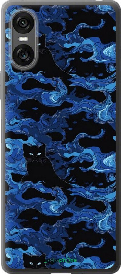 Силиконовый чехол Абстрактный узор черных котов на синем фоне для Sony Xperia 10 VI - 6525u-3976 изображение 